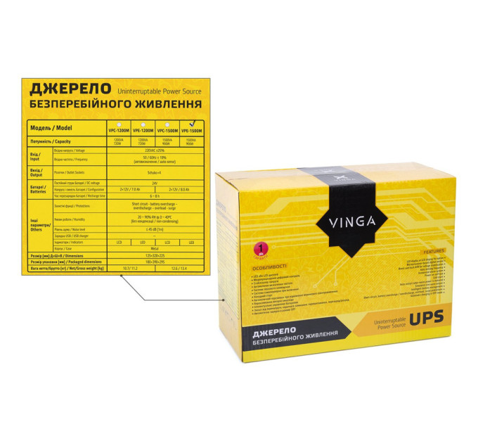 Пристрій безперебійного живлення Vinga LED 1500VA metal case (VPE-1500M)