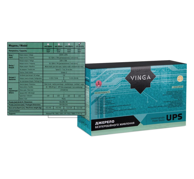 Пристрій безперебійного живлення Vinga LCD 800VA plastic case with USB (VPC-800PU)