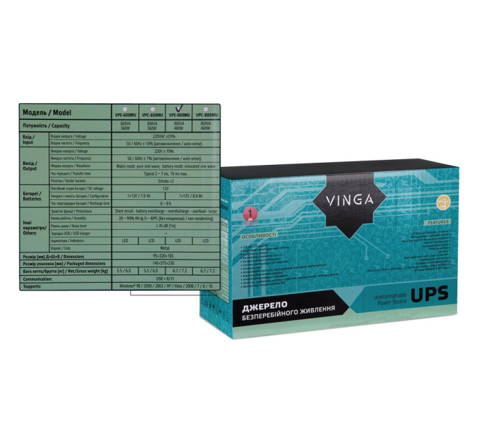 Пристрій безперебійного живлення Vinga LED 800VA metal case with USB (VPE-800MU)
