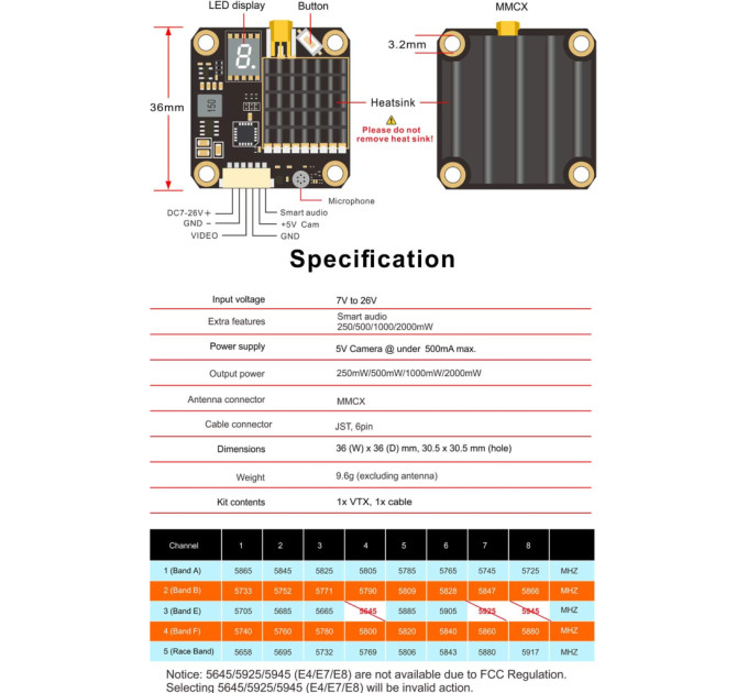 Відеопередавач (VTX) AKK FX2-Dominator 2W 5.8GHz 48CH L,X Band (TX2000LX)